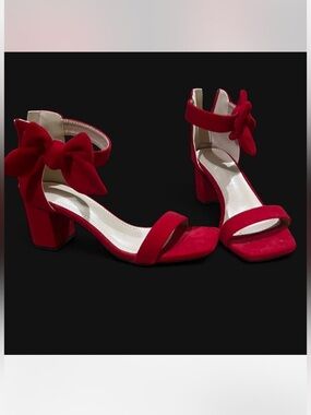 SHEIN Red Bow Ankle-Strap Block Heel Sandals